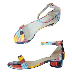 VAN ELI Women's Colorful Rainbow Mosiac Octagon Block Heel Strappy Sandals Sz. 5